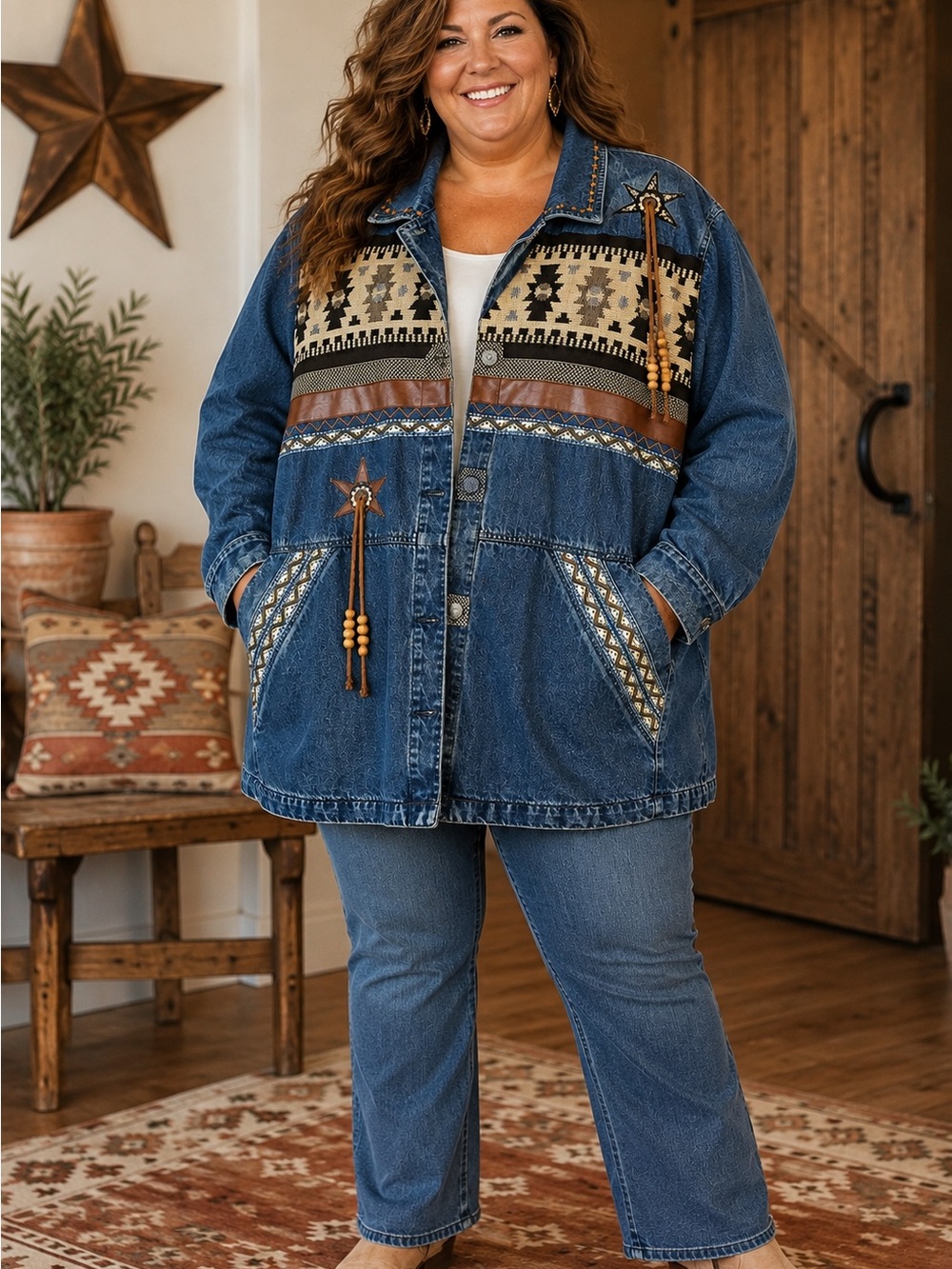 220 Hickory Denim Jacket 2X Blue / Brown Southwest Aztec Boho Woman’s